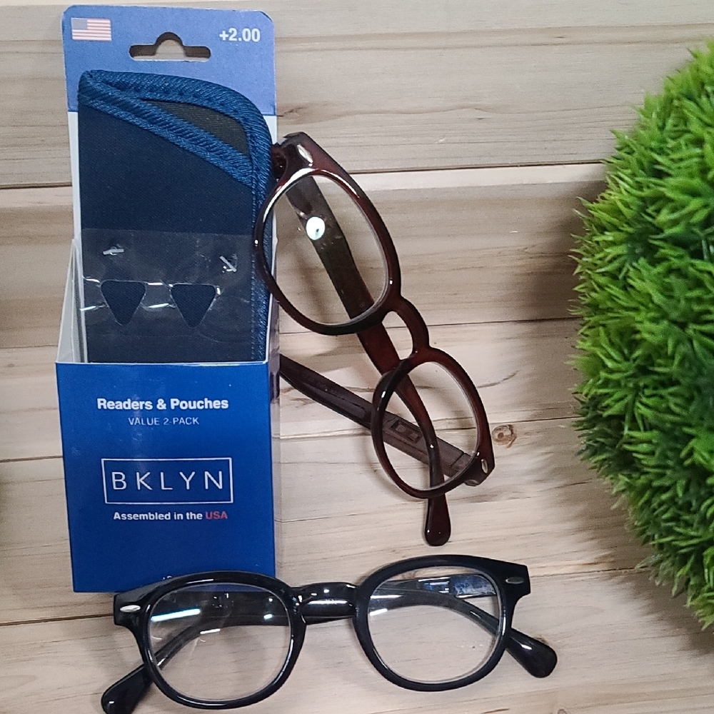 Reading +2.00 Glasses Set Blue And Brown 47-24, 140 Temple Spring Hinge NWT